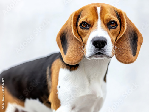 A close-up portrait of a beagle dog with expressive eyes and distinctive floppy ears, showcasing its friendly personality.