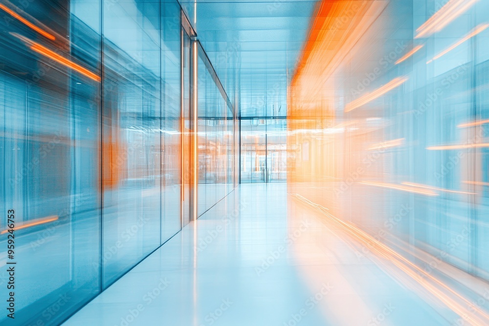 abstract blur modern interior inside entrance building of office in pale blue background with orange light effect concept , ai abstract blur modern interior inside entrance building of office in pale blue background with orange light effect concept , ai