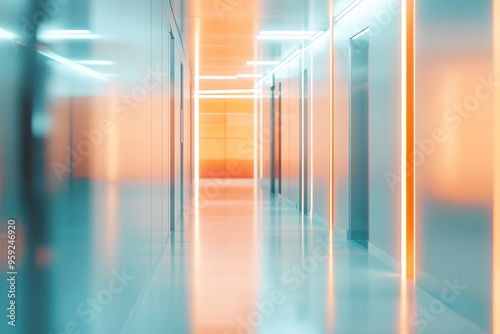 abstract blur modern interior inside entrance building of office in pale blue background with orange light effect concept , ai