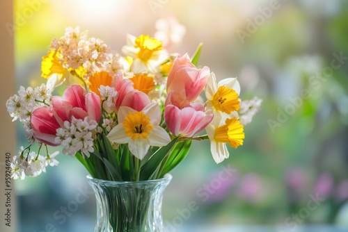 A colorful arrangement of tulips, daffodils, and cherry blossoms graces a glass vase, capturing the essence of spring. Generative AI