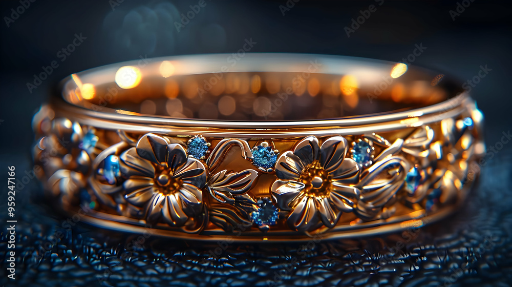 Gold Ring with Blue Gems and Floral Design - 3D Illustration Gold Ring with Blue Gems and Floral Design - 3D Illustration