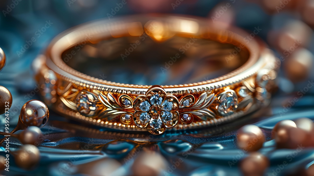 Closeup of a Gold Ring with a Diamond Cluster, 3D Illustration Closeup of a Gold Ring with a Diamond Cluster, 3D Illustration