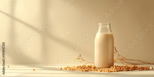 a glass bottle of soy milk with soybeans scattered around against an isolateddusty chocolatebackground photo