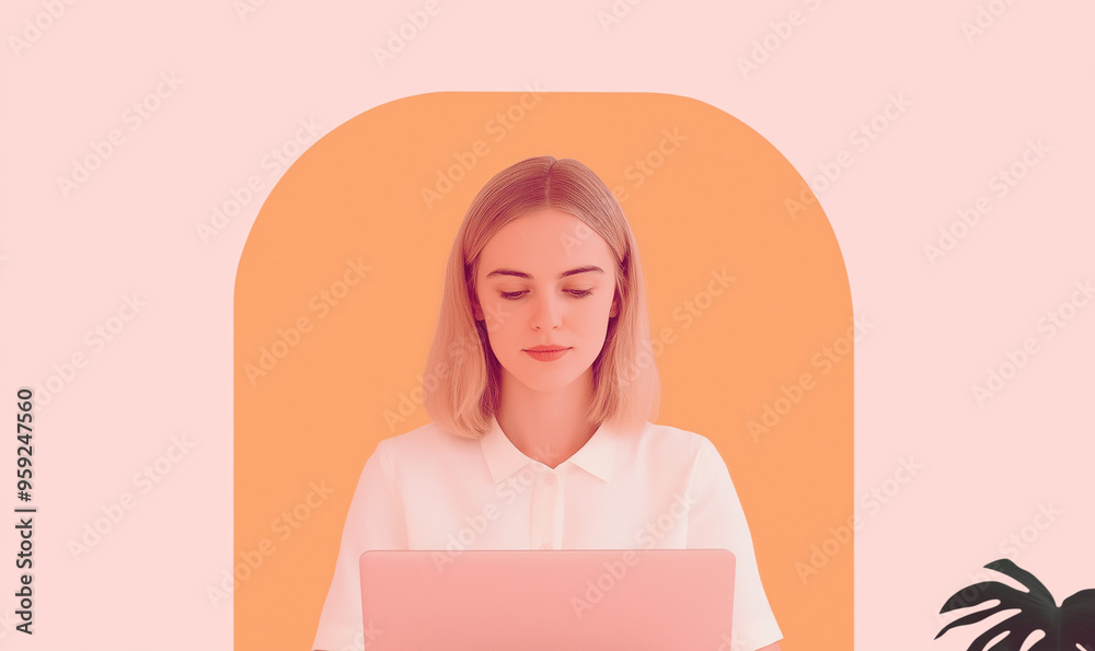 Minimalist photo of a woman working on a laptop, modern workspace, vector art, digital nomad, freelance lifestyle, simple background, remote work concept, pastel colors Minimalist photo of a woman working on a laptop, modern workspace, vector art, digital nomad, freelance lifestyle, simple background, remote work concept, pastel colors