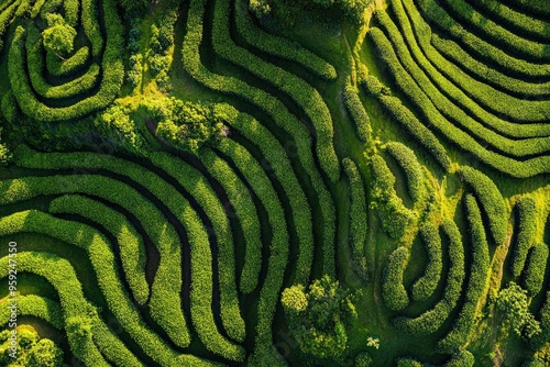 Aerial drone view of shapes of Cha Gorreana tea plantation at Sao Miguel, Azores, Portugal , ai