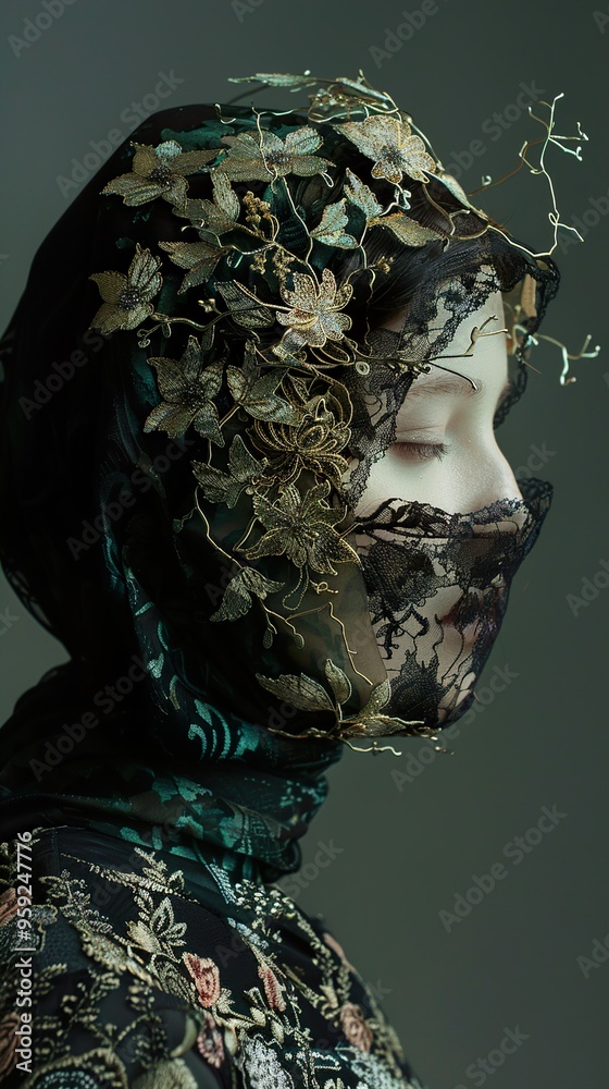 A woman with her face obscured by a veil and adorned with floral headpiece. A woman with her face obscured by a veil and adorned with floral headpiece.