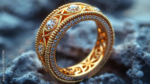 3D Rendered Gold Ring with Diamonds Illustration