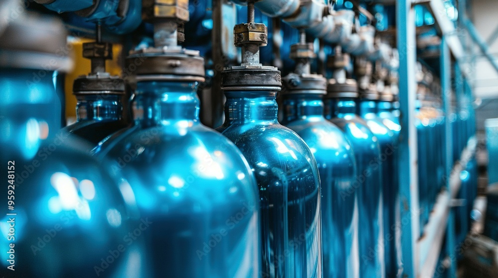 Row of Shiny Blue Bottles with Metal Tops Row of Shiny Blue Bottles with Metal Tops