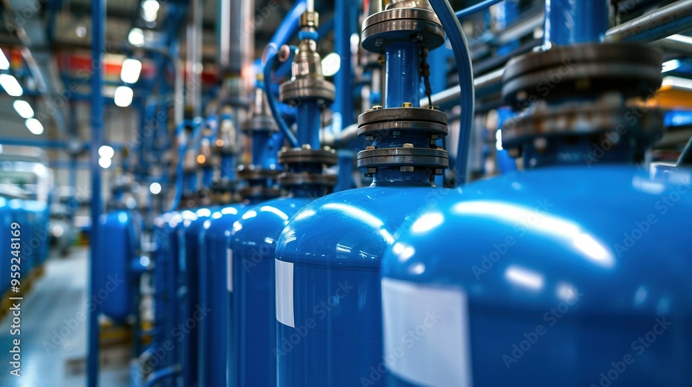 Row of Blue Industrial Tanks in a Factory Setting Row of Blue Industrial Tanks in a Factory Setting