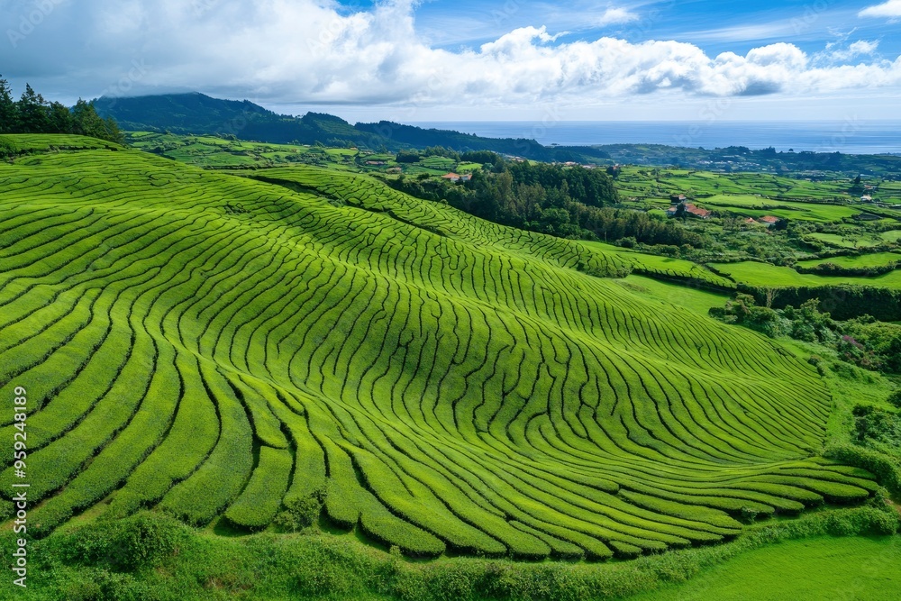Aerial drone view of shapes of Cha Gorreana tea plantation at Sao Miguel, Azores, Portugal , ai Aerial drone view of shapes of Cha Gorreana tea plantation at Sao Miguel, Azores, Portugal , ai