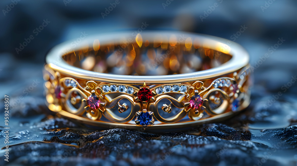 Gold Ring with Gemstones 3D Illustration Gold Ring with Gemstones 3D Illustration