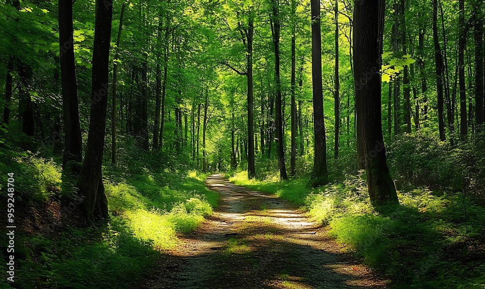 Obraz premium A Sunlit Path Through a Dense Forest