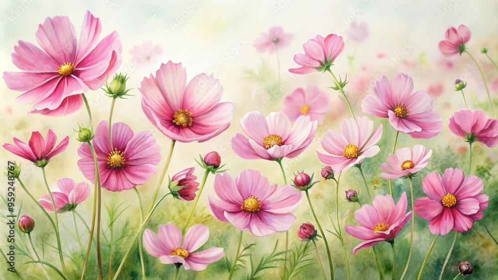 Fototapeta premium Watercolor painting of pink cosmea flowers, watercolor, pink, cosmea, flowers, floral, painting, artwork, garden, nature