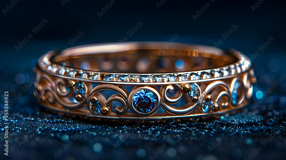 Gold Ring with Blue Gemstones on Blue Glitter Background - Photography Gold Ring with Blue Gemstones on Blue Glitter Background - Photography