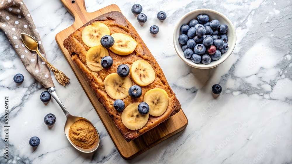 Healthy vegan banana bread cake with nut butter and fresh blueberries on marble board , dessert, vegan, banana bread Healthy vegan banana bread cake with nut butter and fresh blueberries on marble board , dessert, vegan, banana bread