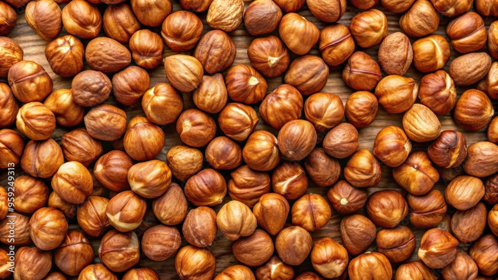 Peeled roasted hazelnuts arranged in a wide panorama from above, food, nuts, healthy, organic, snack, ingredient, nutty Peeled roasted hazelnuts arranged in a wide panorama from above, food, nuts, healthy, organic, snack, ingredient, nutty