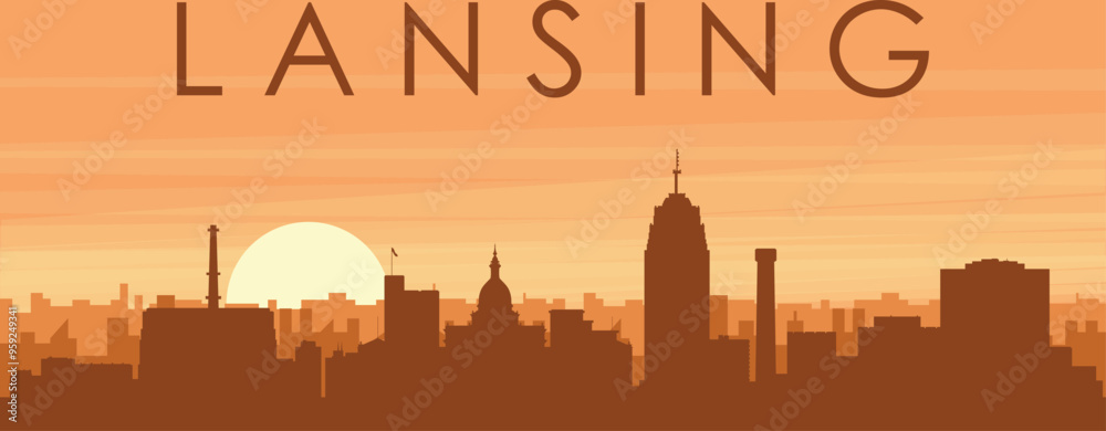 Brown panoramic poster of the city skyline with misty background buildings, sunrise, clouds and mountains of LANSING, UNITED STATES Brown panoramic poster of the city skyline with misty background buildings, sunrise, clouds and mountains of LANSING, UNITED STATES