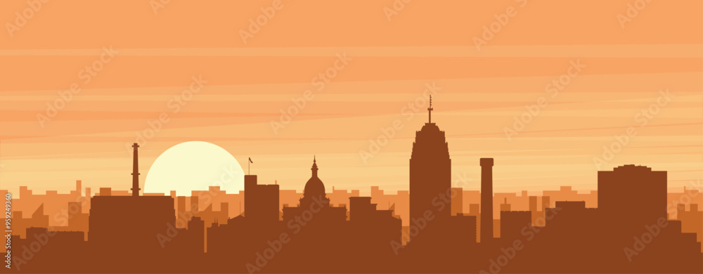Brown panoramic poster of the city skyline with misty background buildings, sunrise, clouds and mountains of LANSING, UNITED STATES Brown panoramic poster of the city skyline with misty background buildings, sunrise, clouds and mountains of LANSING, UNITED STATES