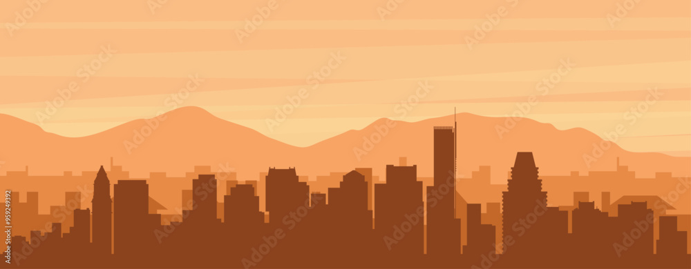 Brown panoramic poster of the city skyline with misty background buildings, sunrise, clouds and mountains of BOSTON, UNITED STATES Brown panoramic poster of the city skyline with misty background buildings, sunrise, clouds and mountains of BOSTON, UNITED STATES