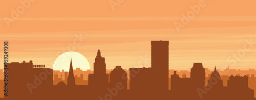 Brown panoramic poster of the city skyline with misty background buildings, sunrise, clouds and mountains of PROVIDENCE, UNITED STATES