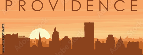Brown panoramic poster of the city skyline with misty background buildings, sunrise, clouds and mountains of PROVIDENCE, UNITED STATES