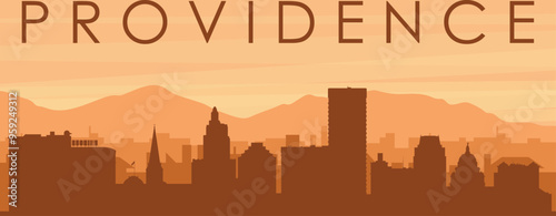 Brown panoramic poster of the city skyline with misty background buildings, sunrise, clouds and mountains of PROVIDENCE, UNITED STATES