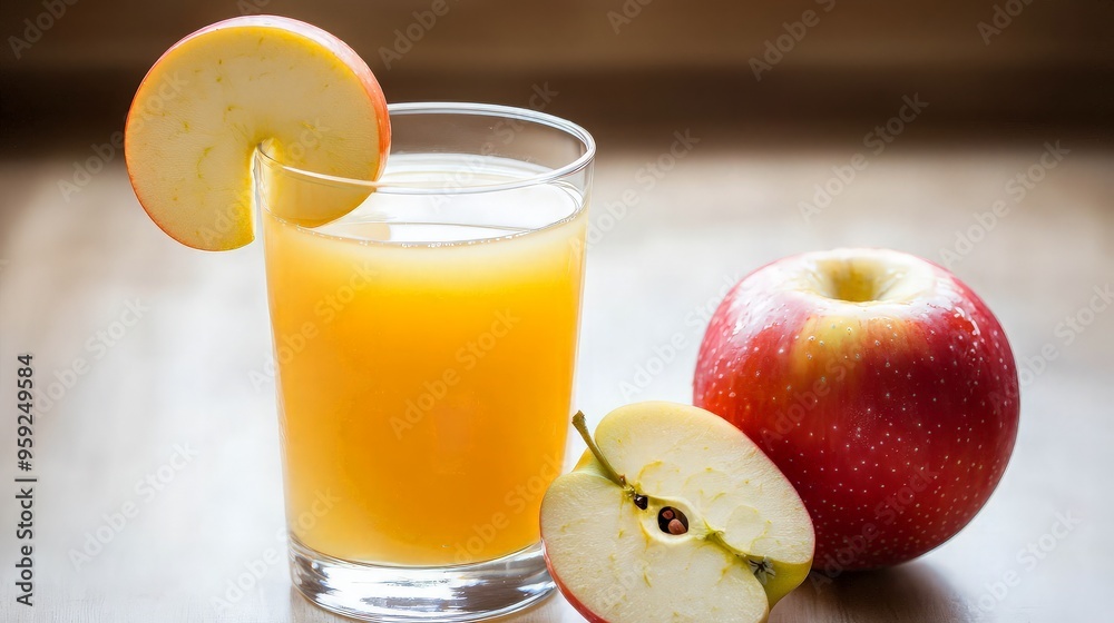 Apple Juice and Apples on a Wooden Table Apple Juice and Apples on a Wooden Table