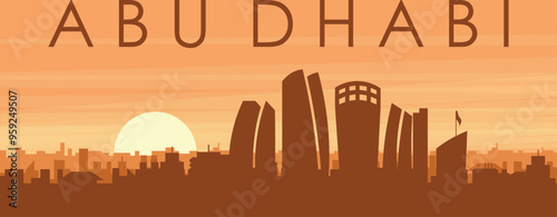 Brown panoramic poster of the city skyline with misty background buildings, sunrise, clouds and mountains of ABU DHABI, UNITED ARAB EMIRATES