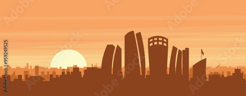 Brown panoramic poster of the city skyline with misty background buildings, sunrise, clouds and mountains of ABU DHABI, UNITED ARAB EMIRATES