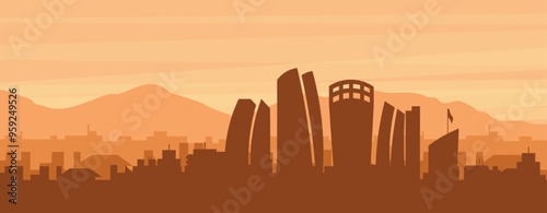 Brown panoramic poster of the city skyline with misty background buildings, sunrise, clouds and mountains of ABU DHABI, UNITED ARAB EMIRATES