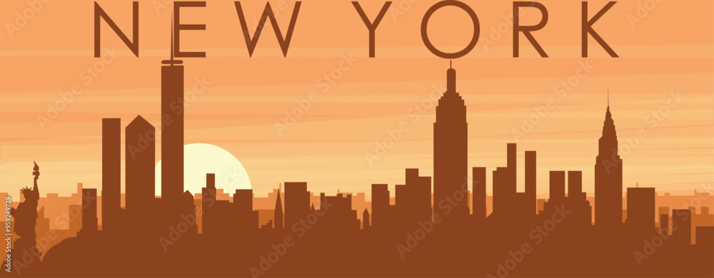 Brown panoramic poster of the city skyline with misty background buildings, sunrise, clouds and mountains of NEW YORK, UNITED STATES Brown panoramic poster of the city skyline with misty background buildings, sunrise, clouds and mountains of NEW YORK, UNITED STATES