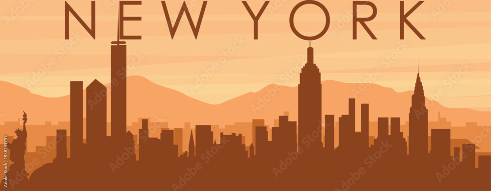 Brown panoramic poster of the city skyline with misty background buildings, sunrise, clouds and mountains of NEW YORK, UNITED STATES