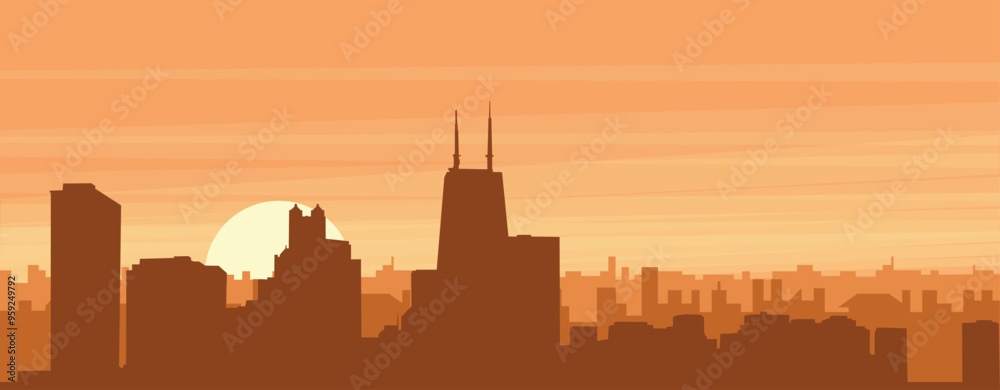 Brown panoramic poster of the city skyline with misty background buildings, sunrise, clouds and mountains of CHICAGO, UNITED STATES Brown panoramic poster of the city skyline with misty background buildings, sunrise, clouds and mountains of CHICAGO, UNITED STATES
