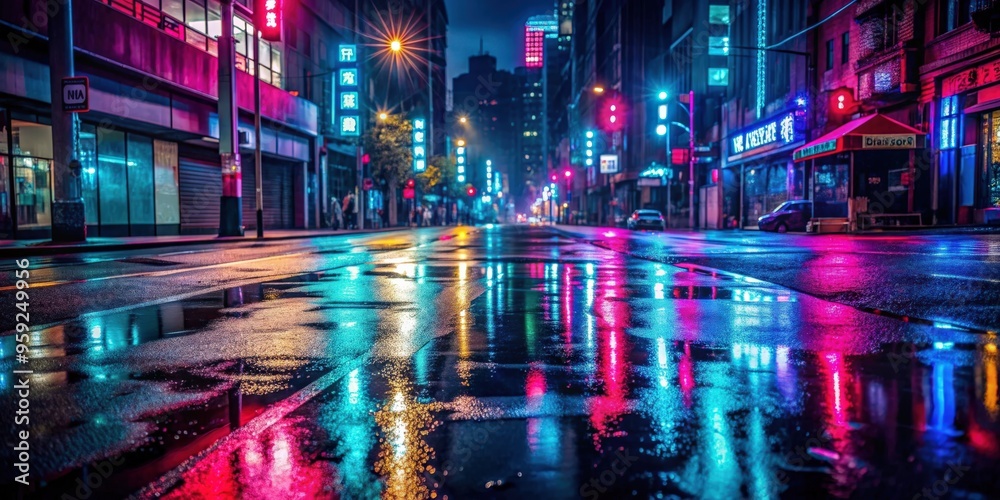 Dark urban street with wet asphalt, neon lights, and reflections of rays in the water , Urban, street, dark, wet, asphalt Dark urban street with wet asphalt, neon lights, and reflections of rays in the water , Urban, street, dark, wet, asphalt