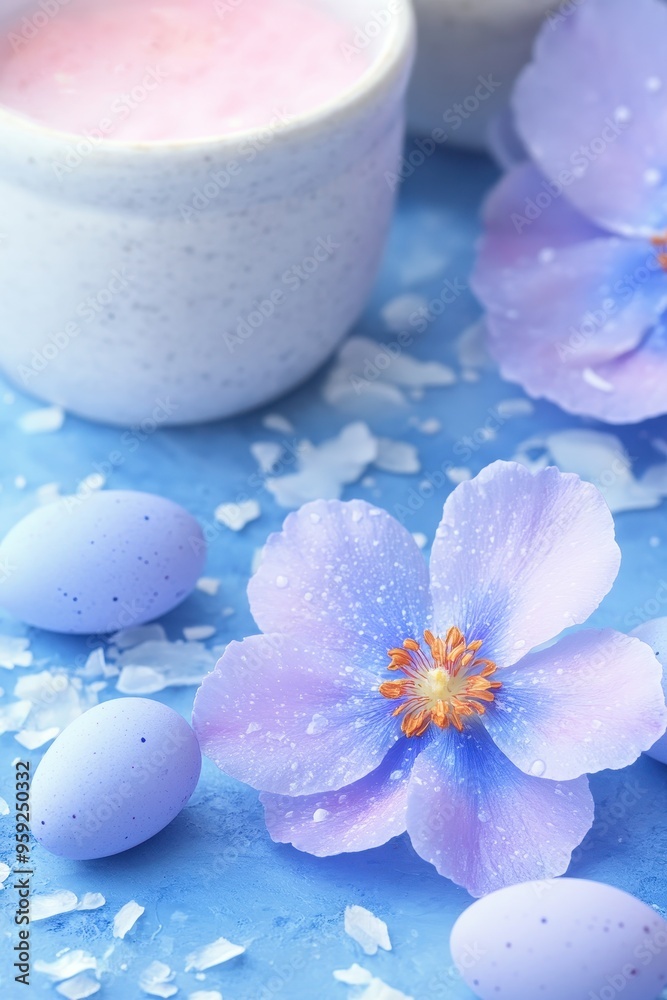 Pastel easter eggs and delicate blue flowers with pink cream Pastel easter eggs and delicate blue flowers with pink cream