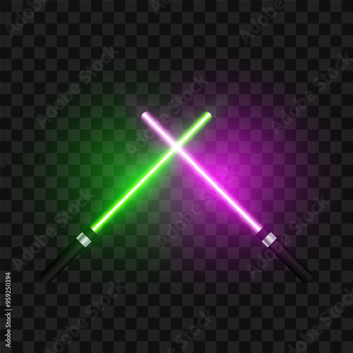Crossed light swords on transparent background, vector illustration.