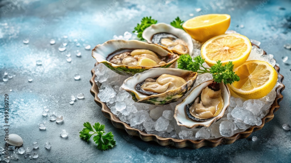 Fresh raw oysters in shell halves on ice with lemon, oysters, seafood, fresh, raw, shells, ice, lemon, appetizer Fresh raw oysters in shell halves on ice with lemon, oysters, seafood, fresh, raw, shells, ice, lemon, appetizer