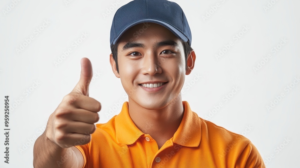 Smiling Asian Delivery Man Wearing an Orange Polo Shirt and Blue Cap, Giving a Thumbs-Up Pose, Isolated on White Background with Copy Space, High-Quality Studio Banner Mockup
Smiling Asian Delivery Man Wearing an Orange Polo Shirt and Blue Cap, Giving a Thumbs-Up Pose, Isolated on White Background with Copy Space, High-Quality Studio Banner Mockup
