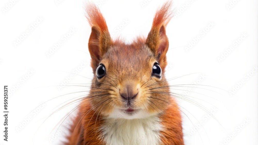 Obraz premium Eurasian red squirrel looking directly at the camera, isolated on white background, squirrel, Eurasian red, cute