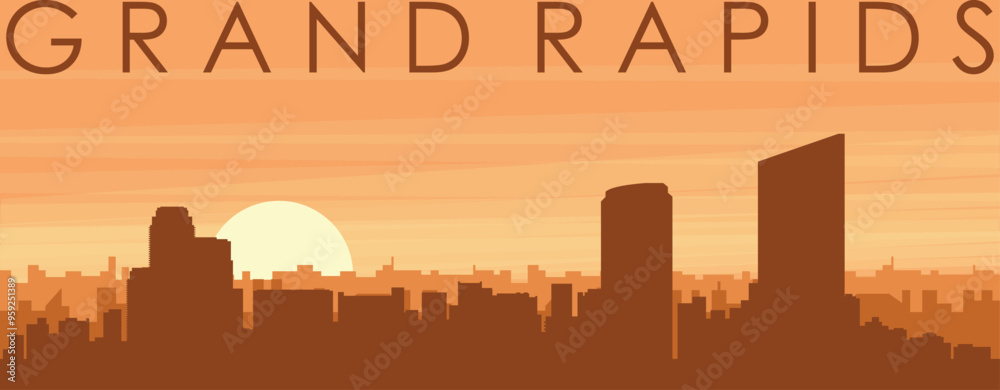 Brown panoramic poster of the city skyline with misty background buildings, sunrise, clouds and mountains of GRAND RAPIDS, UNITED STATES Brown panoramic poster of the city skyline with misty background buildings, sunrise, clouds and mountains of GRAND RAPIDS, UNITED STATES