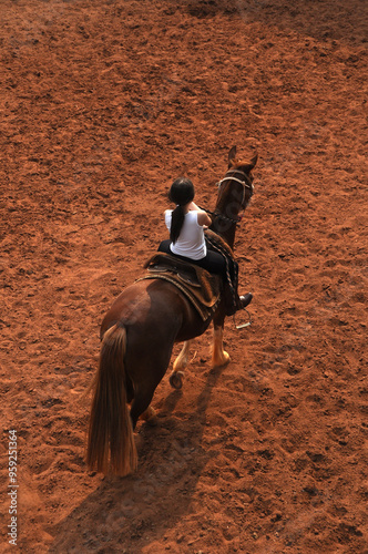 Menina cavalga em cavalo em fazenda 