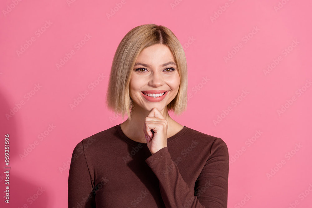 Photo of gorgeous adorable cute girl wear stylish brown clothes arm touch face isolated on pink color background Photo of gorgeous adorable cute girl wear stylish brown clothes arm touch face isolated on pink color background