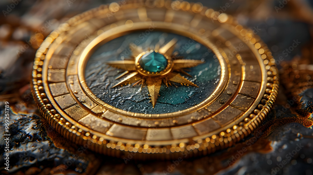 Golden Compass with Emerald Jewel - Close Up 3D Illustration Golden Compass with Emerald Jewel - Close Up 3D Illustration