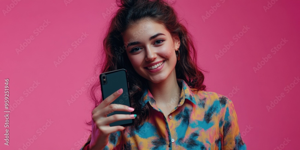 Smiling Young Woman Taking Selfie on Pink Background Smiling Young Woman Taking Selfie on Pink Background