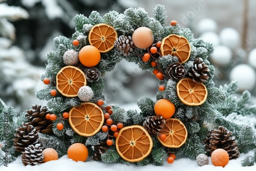 A Christmas wreath made of dried orange slices, dry berries, cones, pampas grass, paper ornaments, paper honeycomb, eco Christmas