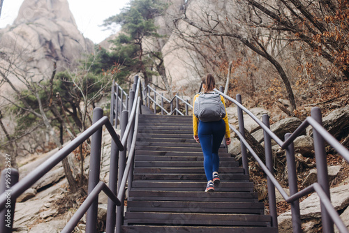 Bukhansan National Park, Seoul, Gyeonggi-do, South Korea, spring landscape view during hike to Baegundae summit peak, process of trekking and climbing to Bukhan mountain, travel and hiking in Korea photo