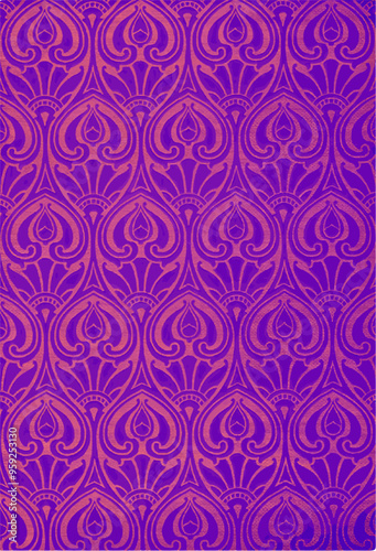 A close-up of a vibrant purple fabric with an elegant floral pattern, suggesting a vintage or antique textile.