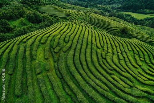 Aerial drone view of shapes of Cha Gorreana tea plantation at Sao Miguel, Azores, Portugal , ai