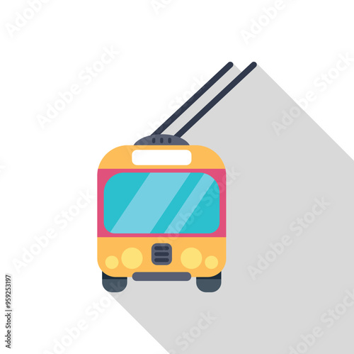 Yellow trolleybus is moving down the street in this flat design illustration with a long shadow