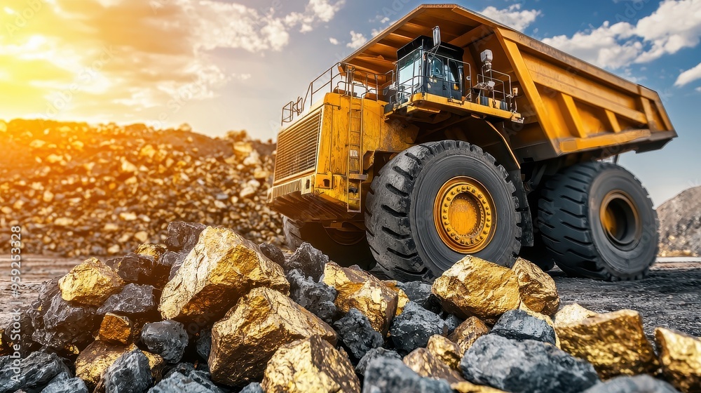 Large Mining Dump Truck and Gold Ore in Open Pit Mine Large Mining Dump Truck and Gold Ore in Open Pit Mine
